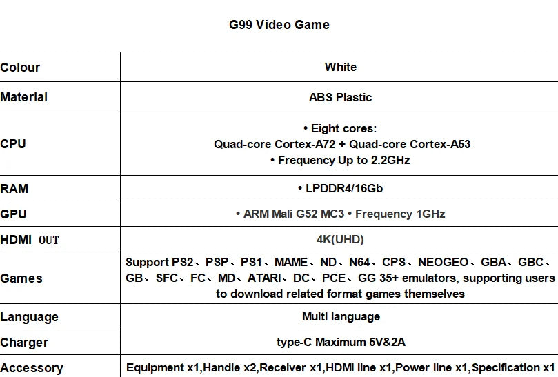 Consola de juegos con procesador de 8 núcleos G99 para P1/P2/FC (más de 35 emuladores) con pantalla HD 4K, frecuencia de 2,2 GHz y soporte multilingüe