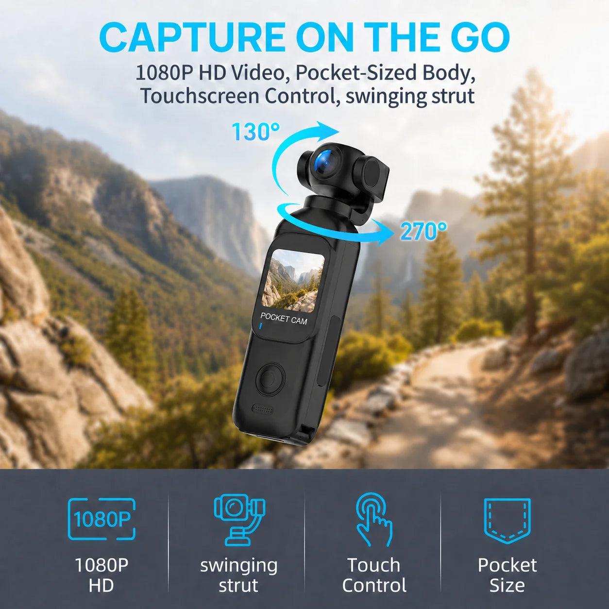 Cámara de bolsillo FHD 1080P con pantalla táctil, WiFi y montura magnética para vlogging