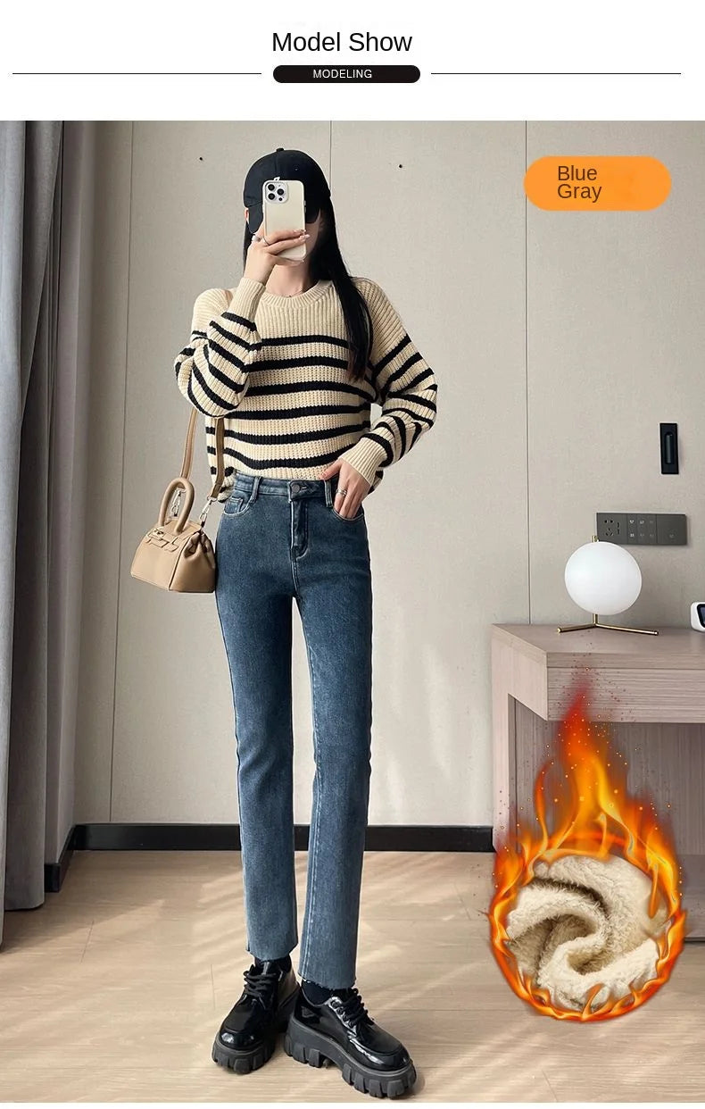 Pantalones Vaqueros Y2K con Forro Polar para Mujer, Cintura Alta, Pierna Recta
