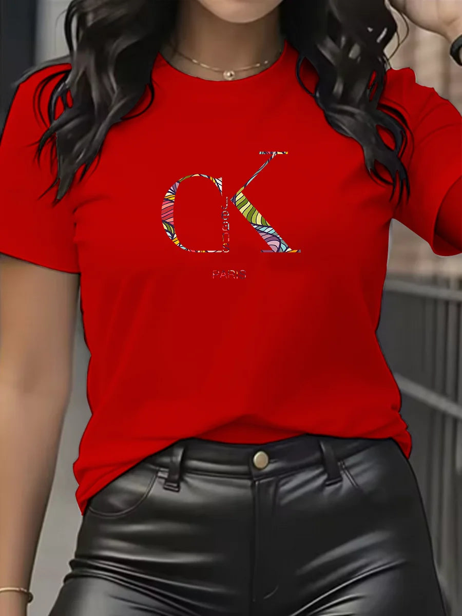 Camiseta con Estampado de Dibujos Animados y Letras Cuello Redondo