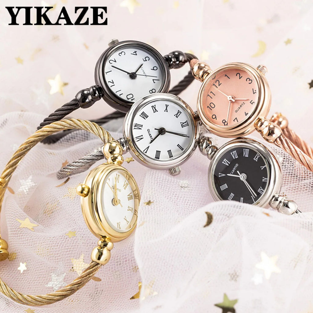 Relojes YIKAZE para mujer, reloj de pulsera con brazalete de oro pequeño, reloj de pulsera de cuarzo Retro de acero inoxidable para mujer, reloj de vestir a la moda
