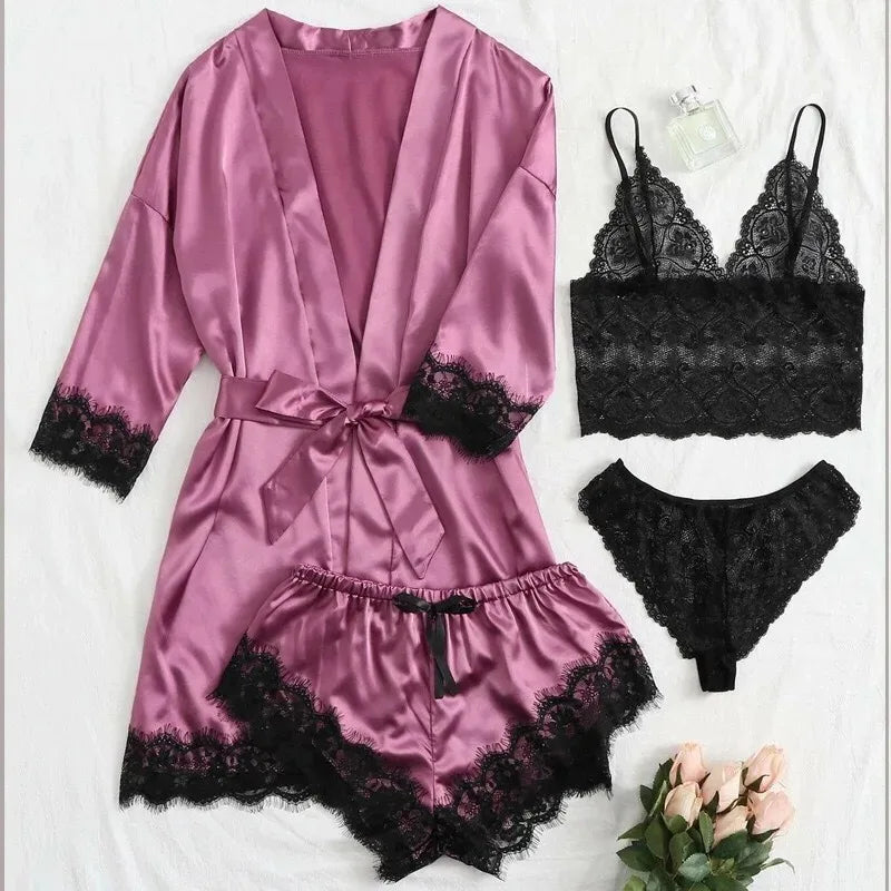 Conjunto Pijama de Satén 4 Piezas con Bata - Top con Encaje para Mujer