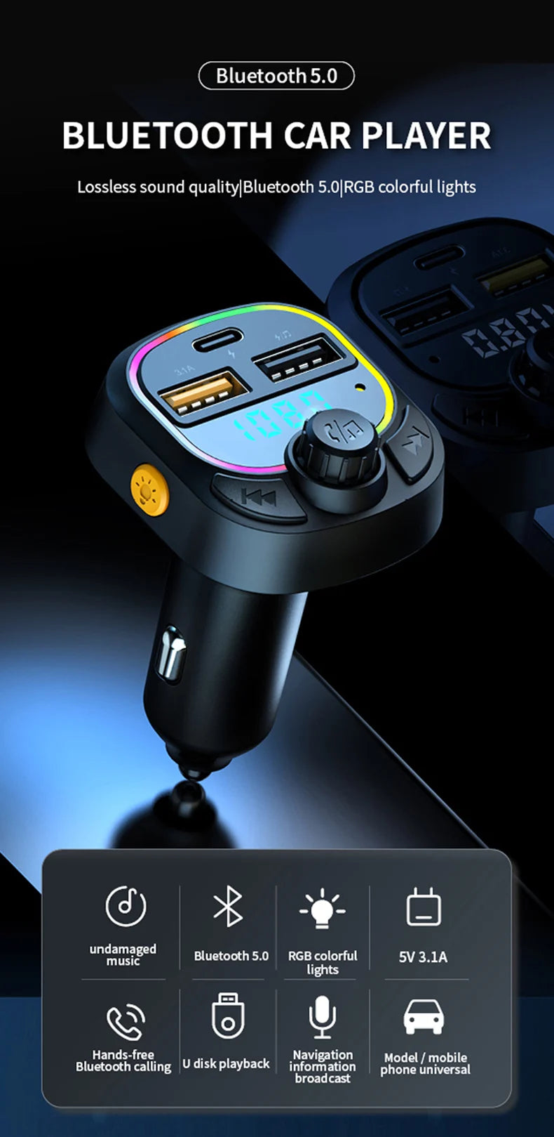 Transmisor FM Bluetooth para Auto Manos Libres con Cargador USB