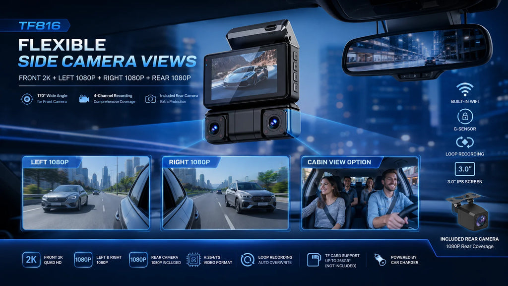 Cámara para Auto de 4 Canales, 3 Pulgadas IPS WiFi, DVR para Vehículo, Grabación Frontal 2K, Lateral Izquierda y Derecha 1080P, Sensor G, sin Tarjeta TF