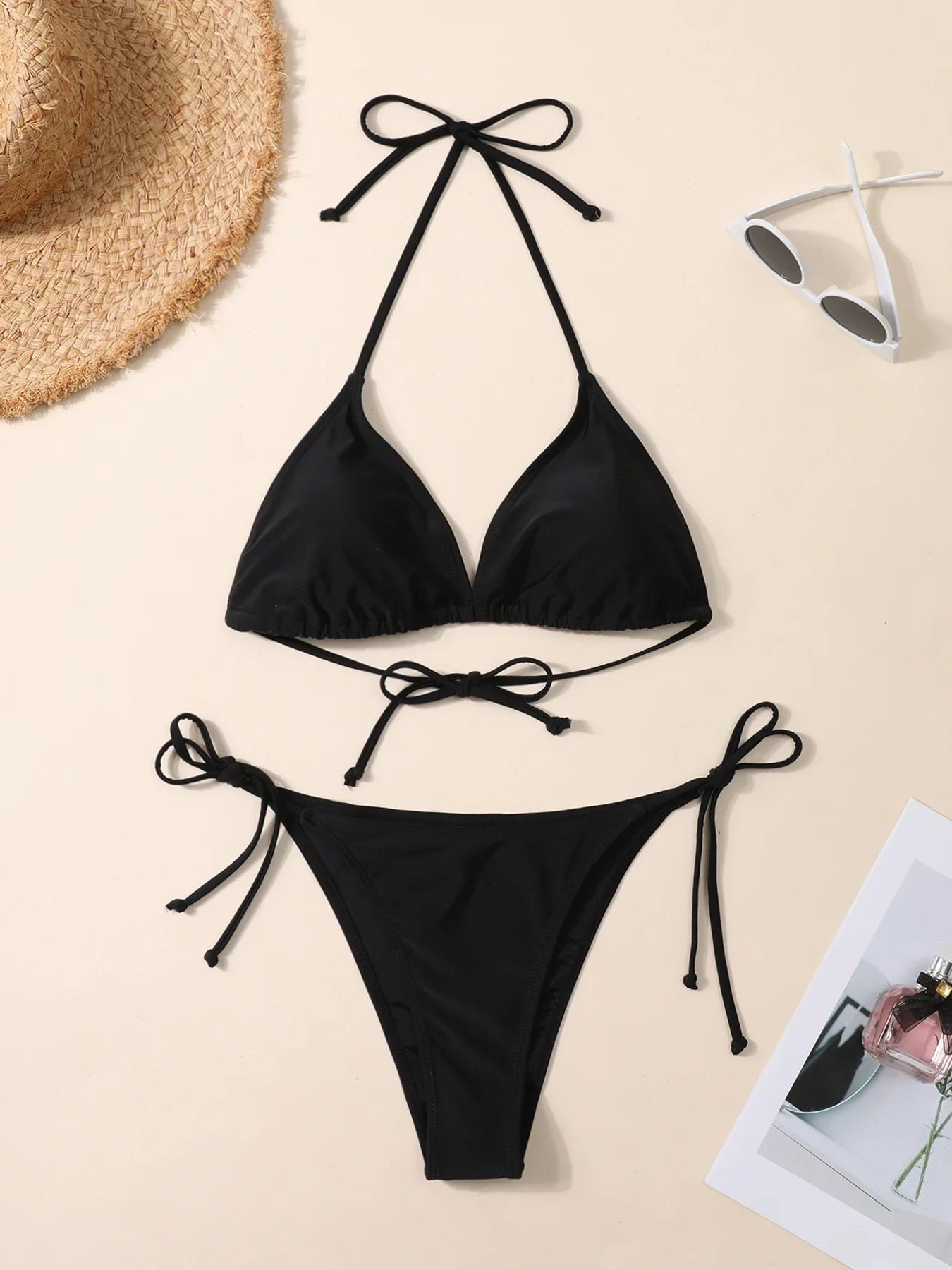 Bikini Negro Sexy de Estilo Europeo y Americano, Traje de Baño de Dos Piezas para Mujer, Ropa de Playa Moderna y Popular para Damas