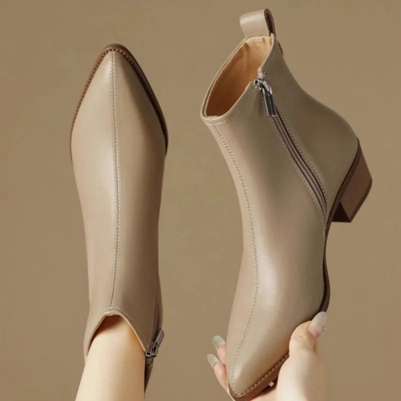 2025 Nuevos botines para mujer: botines minimalistas de tacón medio con punta puntiaguda y cuero suave y cremallera lateral, botas de moda adelgazantes