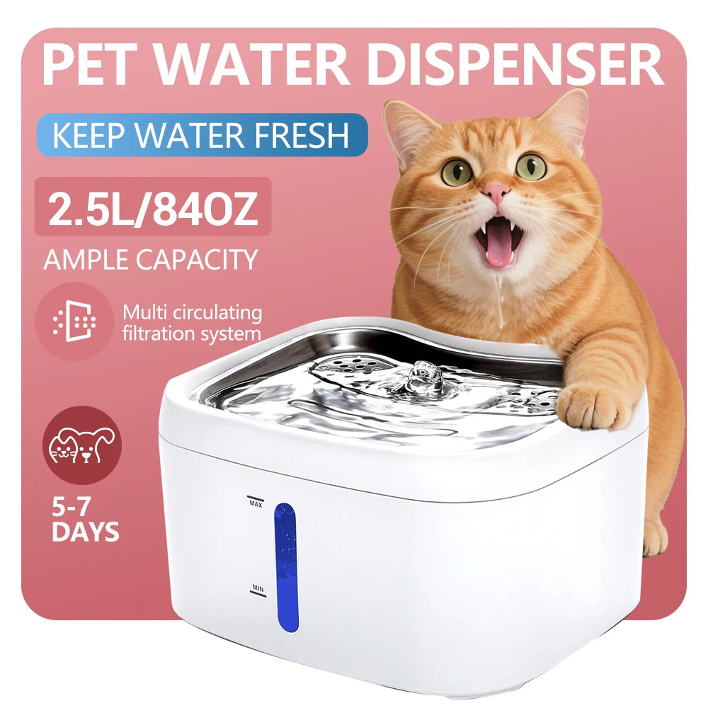 Fuente de agua para gatos de 2,5l/84oz, dispensador automático de agua para mascotas con bandeja de acero inoxidable, dispensador de agua potable silencioso para perros y gatos