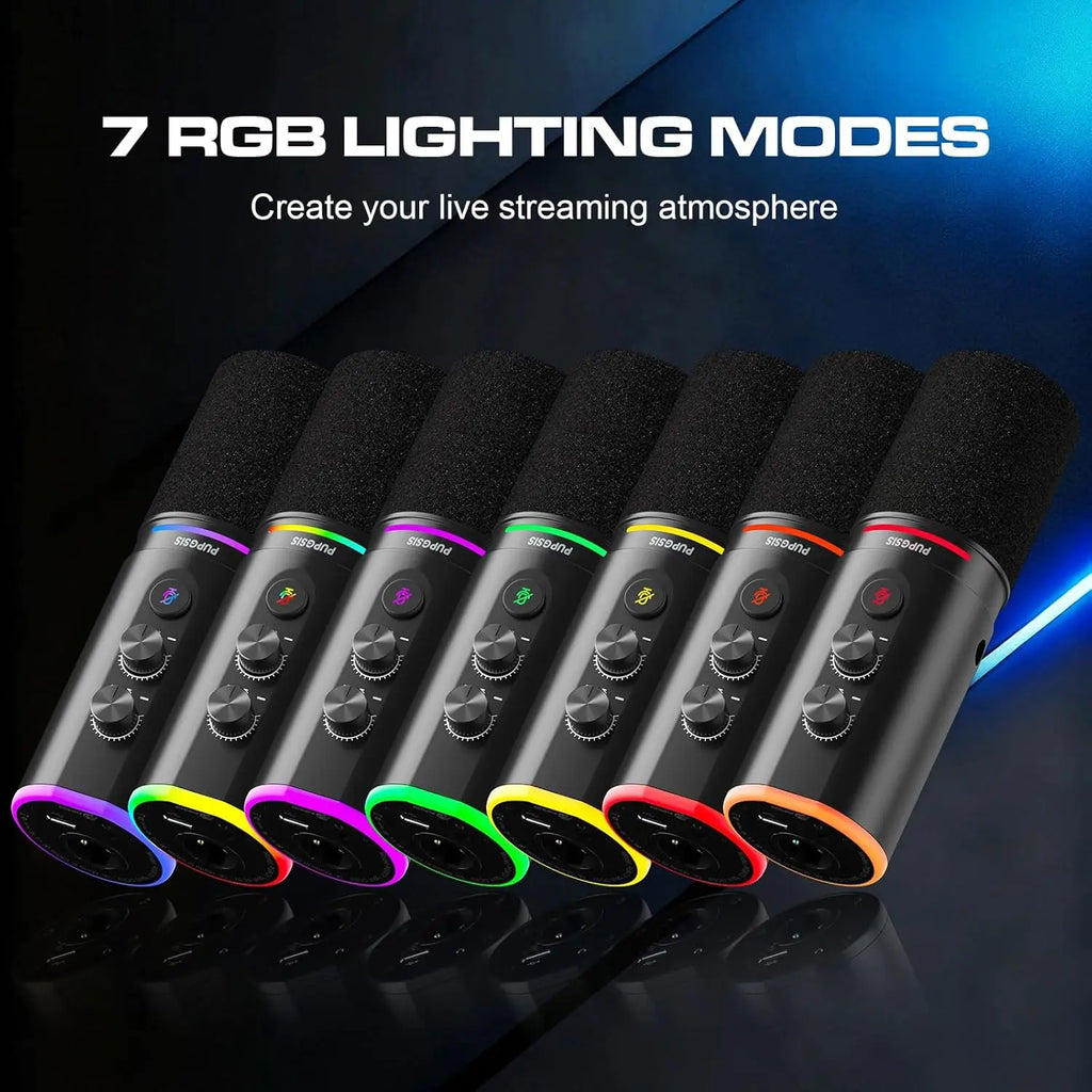 Micrófono XLR/USB para Podcast, Micrófono para Juegos con Botón de Silencio, Efectos de Reverberación, Cancelación de Ruido, Soporte de Brazo, Conector para Auriculares