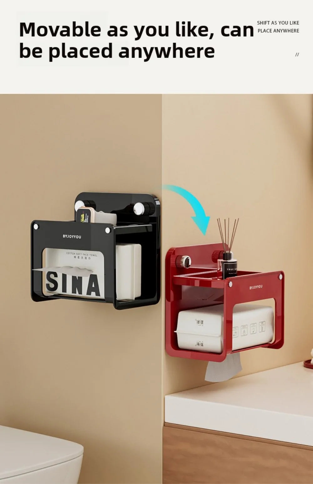 Portarrollos de Papel Higiénico con Ventosa, Montado en la Pared, Impermeable, de Plástico Resistente, Sin Perforaciones, Organizador de Baño, Caja para Toallitas Húmedas