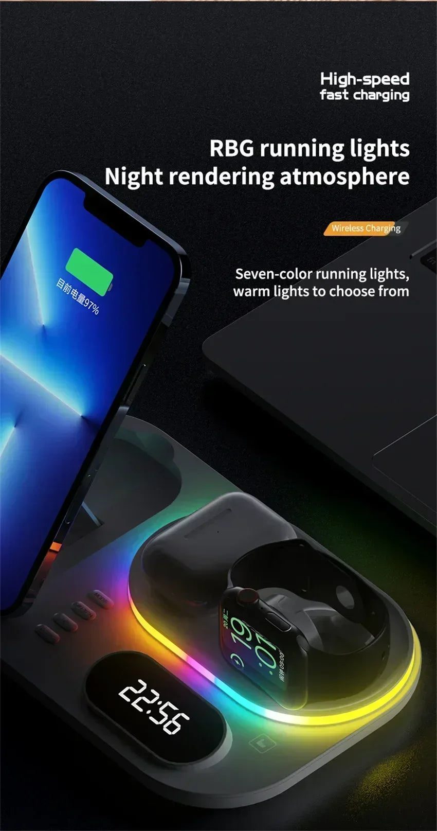 Base de Carga Inalámbrica 4 en 1, Estación de Carga Rápida de 15W para iPhone 12-17, Samsung Galaxy Watch, iWatch, Auriculares Xiaomi