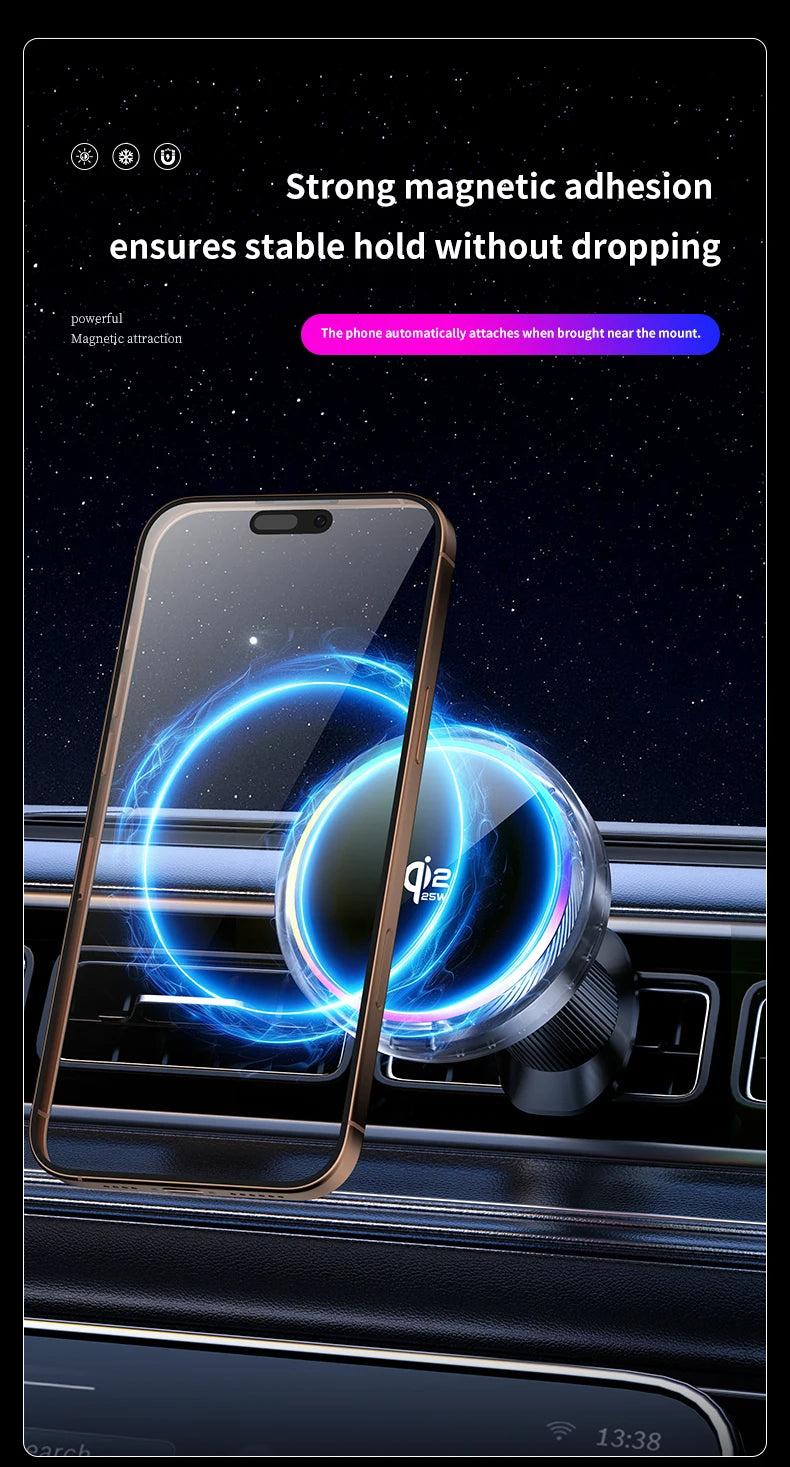 Soporte Magnético para Teléfono con Cargador Inalámbrico Qi2 de 25W, Refrigeración por Aire y Luz RGB, para iPhone Magsafe 17~12 Pro Max, Base de Carga Rápida