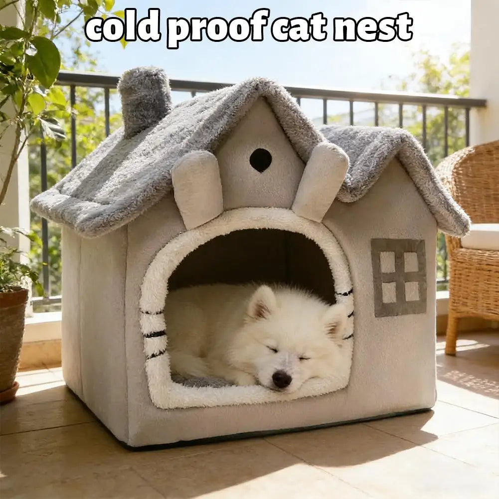 Casa Plegable para Mascotas con Doble Techo y Alfombra Cálida
