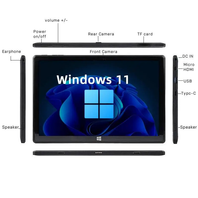 Tablet Intel Atom N3350 de 10.1 Pulgadas con Windows 11, 64 bits, Cuatro Núcleos, Cámara Dual, 4 GB de RAM, 64 GB de ROM, Pantalla IPS de 1920 x 1200, 1 Puerto USB 3.0, Micro HDMI