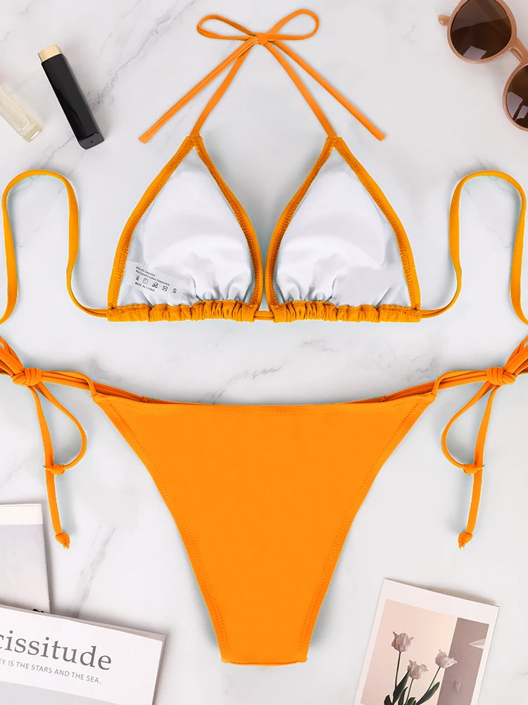 Conjunto de bikini sexy para mujer, estilo veraniego para vacaciones en la playa, color sólido, con cuello halter, espalda descubierta y cordones, traje de baño.