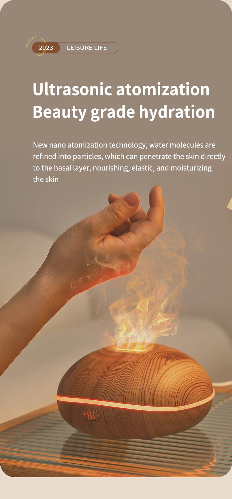 La llama del humidificador aromático puede agregar aceite esencial, pequeña máquina AromaRelax, humidificador de aire equipado con función de iluminación colorida