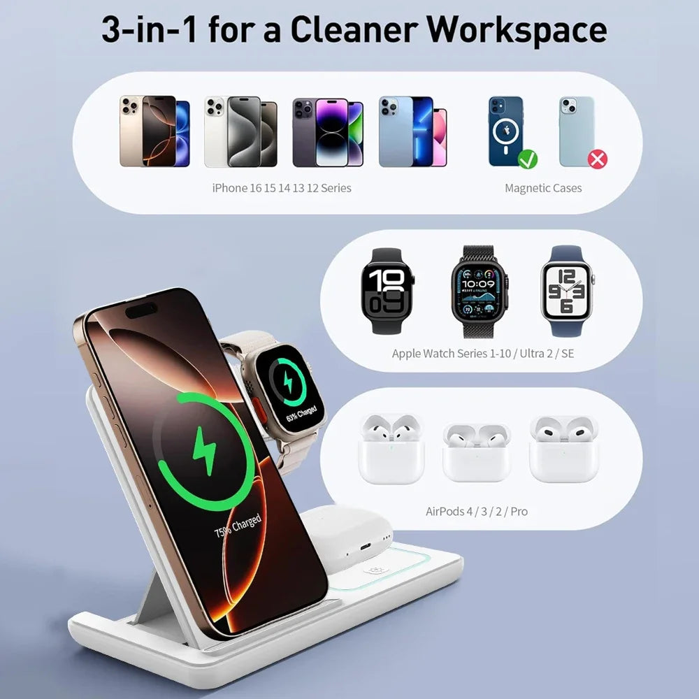 Luz LED nocturna 3 en 1, cargador inalámbrico, soporte plegable para iPhone, Samsung, Apple Watch 2-11 SE, Airpods Pro, estación de carga rápida