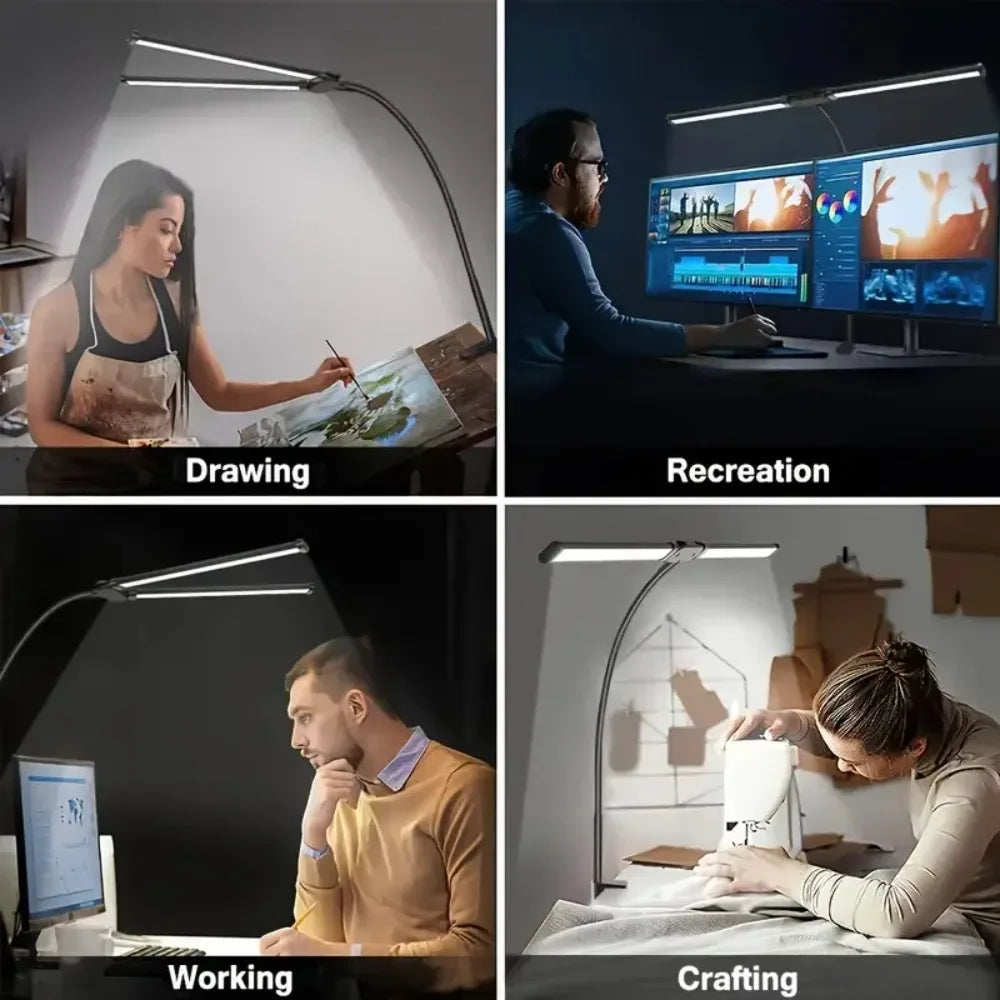 Lámpara de escritorio de doble cabezal LED con clip 3 modos de brillo adaptador USB ajustable adecuado para leer estudiar monitores de piano Oficina
