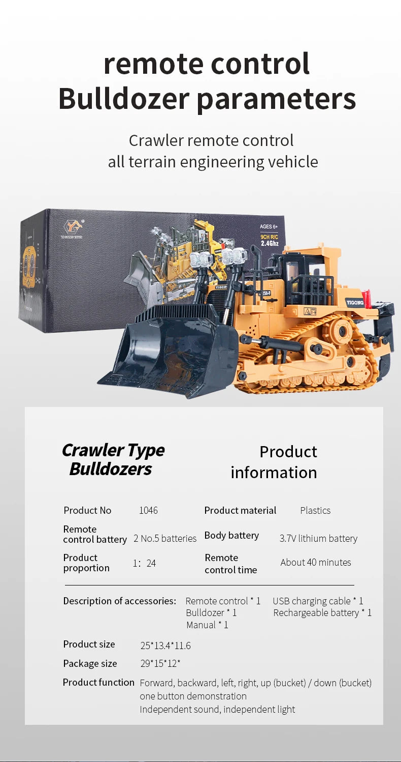 Bulldozer de Control Remoto RC 1/24 9 Canales 2.4G para Niños
