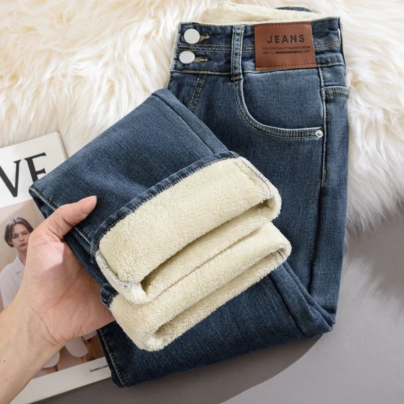 Pantalones Vaqueros Y2K de Pierna Recta con Forro de Lana