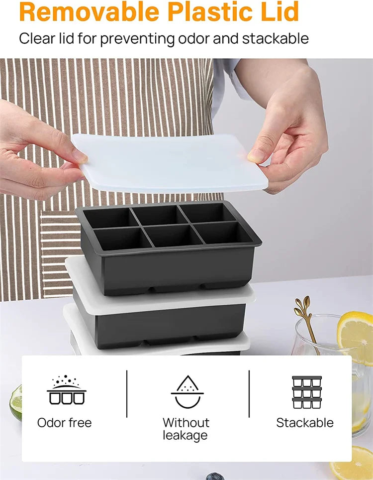 LMETJMA Bandejas grandes para cubitos de hielo con tapas, moldes cuadrados de silicona para cubitos de hielo, moldes para cubitos de hielo sin BPA para cócteles de whisky JT09