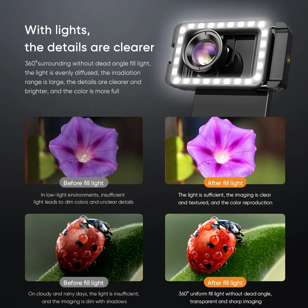 Lente Macro 4K HD 100mm APEXEL con Luz LED para Smartphone