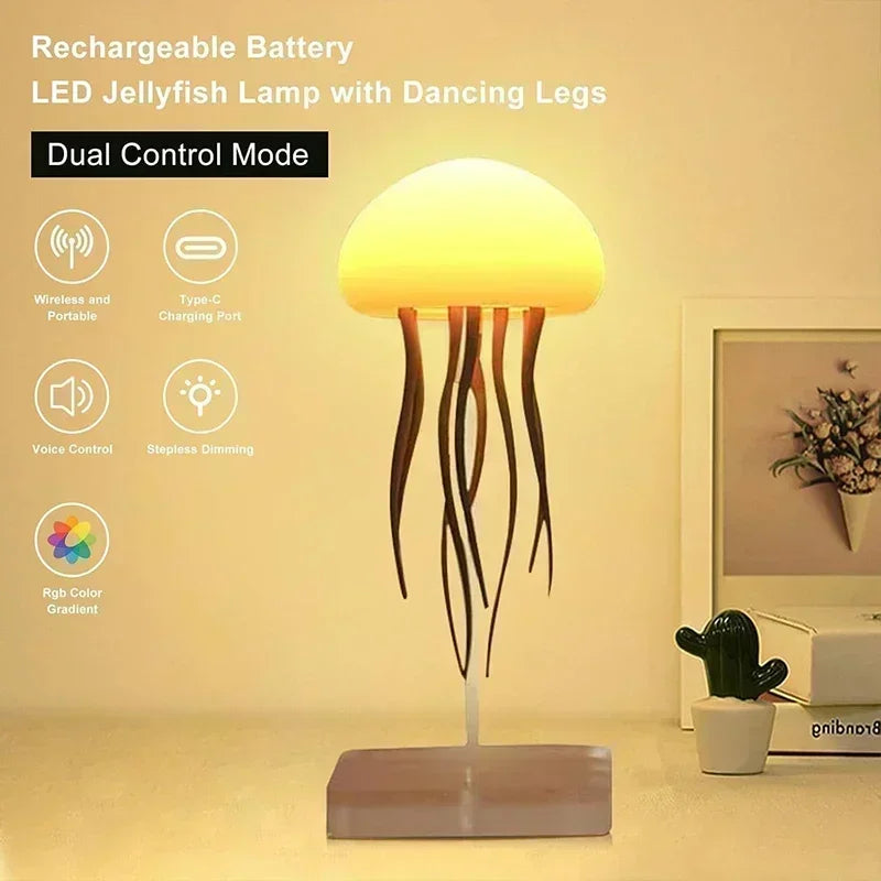 Lámpara de medusa silenciosa mejorada, luz de pez gelatina con patas de baile, control de voz para dormitorios, salas de estar y regalos de Navidad