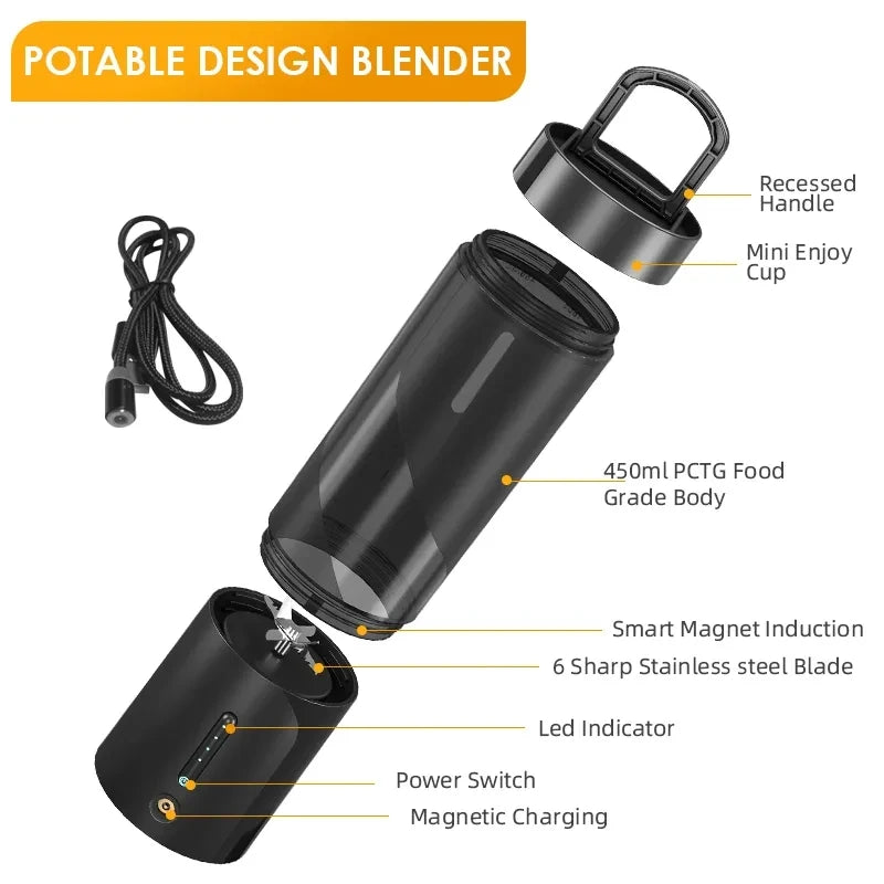 Licuadora Portátil USB 6 Cuchillas 450ml Recargable