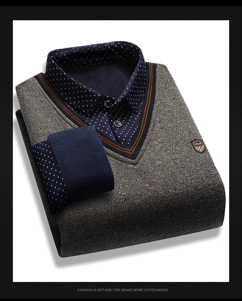 Suéter de felpa para hombre, jersey falso de dos piezas para otoño e invierno, Polo con cuello de lana, Top grueso y cálido, jerséis informales