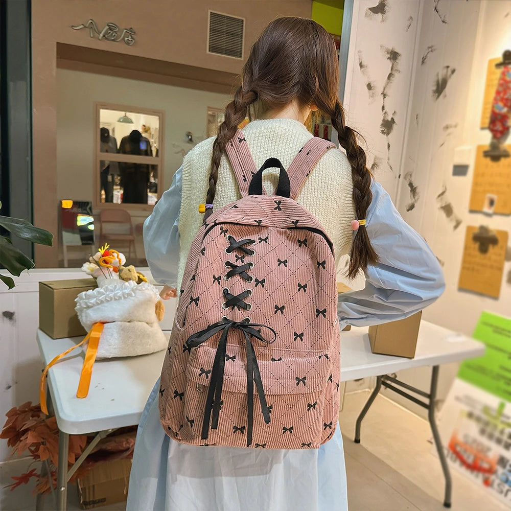 Mochila de Ocio, Mochila de Pana con Lazo para Primavera y Verano, Mochila de Gran Capacidad Estilo Universitario, Mochila para Viajar al Trabajo