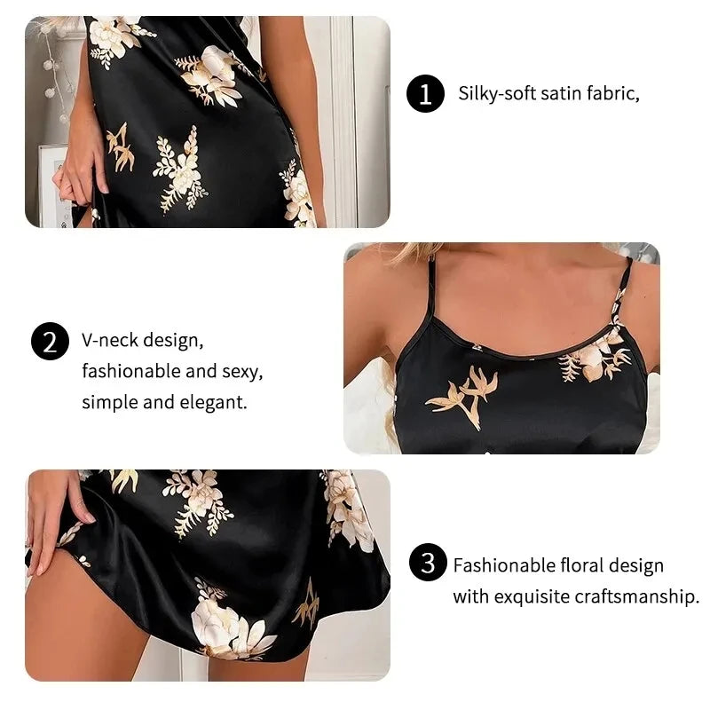 Camisón Sexy con estampado Floral para mujer, ropa de dormir de seda, color negro, para el hogar