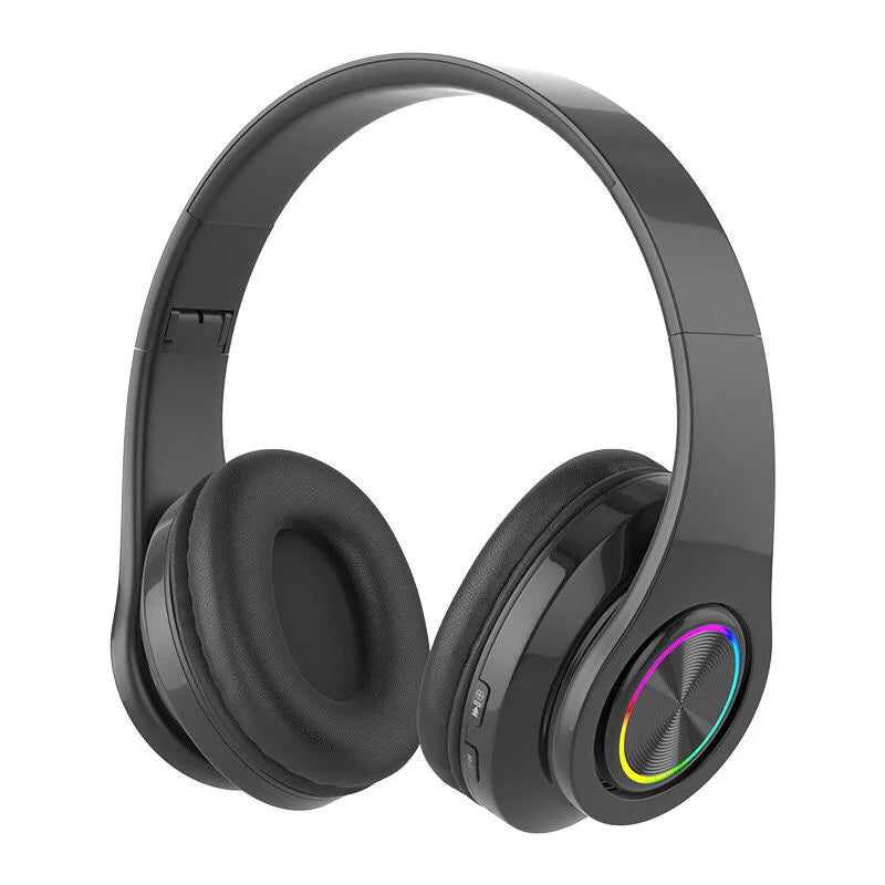 Auriculares inalámbricos sobre la oreja: cancelación activa de ruido, graves profundos, luz LED, diseño plegable portátil para música, deportes y juegos