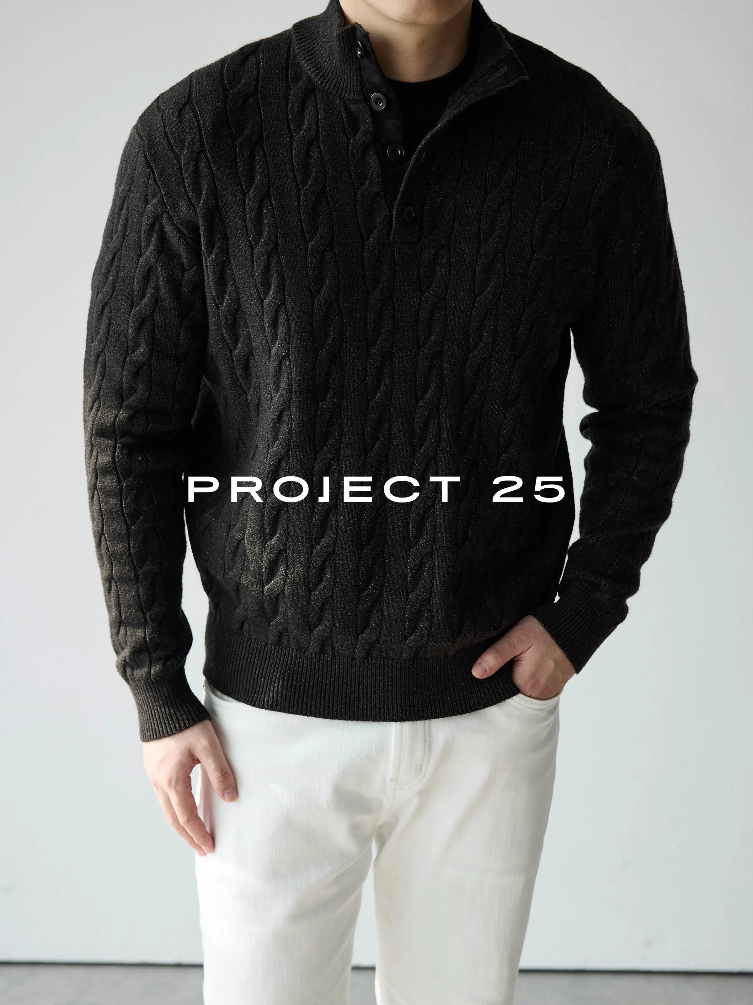 Suéter de Punto Trenzado con Cuello Alto y 4 Botones PROJECT 25 American Heritage para Hombre – Suéter Casual de Negocios de Lana Premium