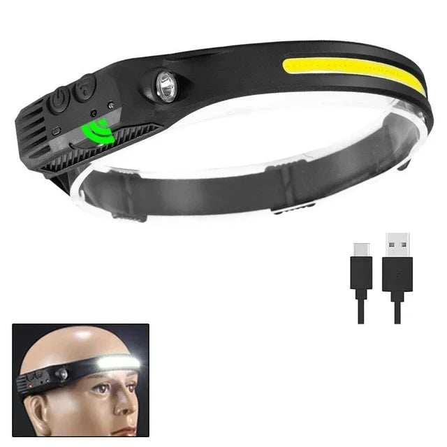 Linterna Frontal LED Recargable USB con Sensor para Camping y Pesca