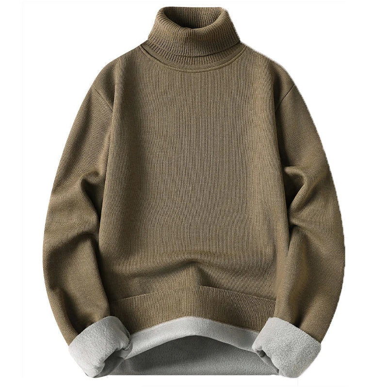 Suéter de cuello alto para hombre, prendas de punto de lana, jerséis de terciopelo de Color sólido, suéteres de punto marrones de marca de lujo elegantes ajustados