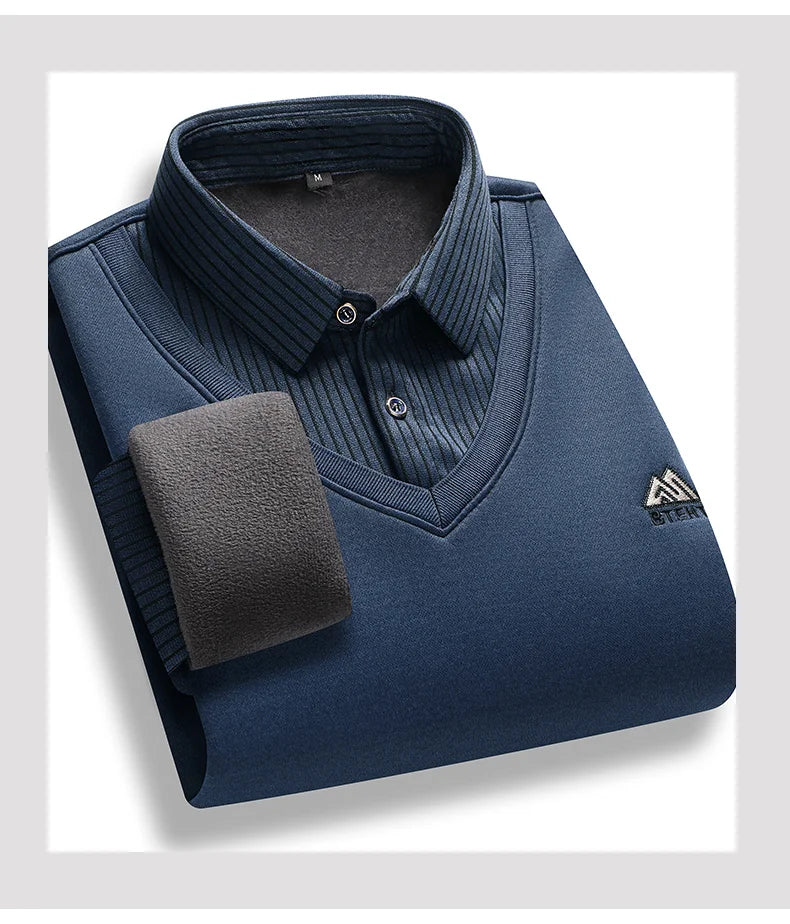 Suéter forrado de lana para hombre, jersey con cuello tipo Polo, Tops falsos de dos piezas, jerséis informales de negocios a la moda, ropa gruesa de invierno