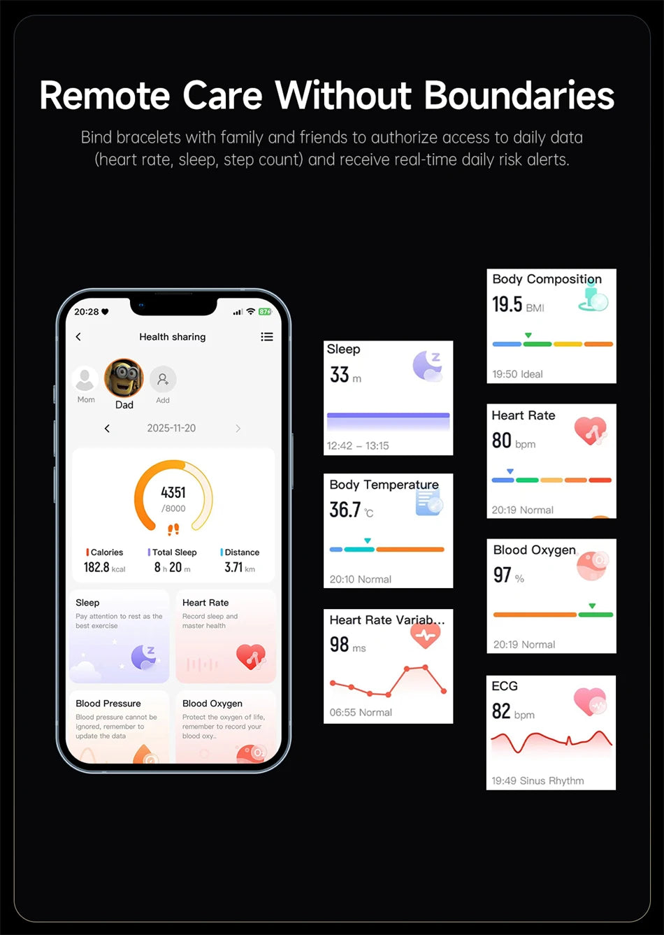 Pulsera inteligente ECG con monitor de salud, frecuencia cardíaca y ácido úrico, IP68