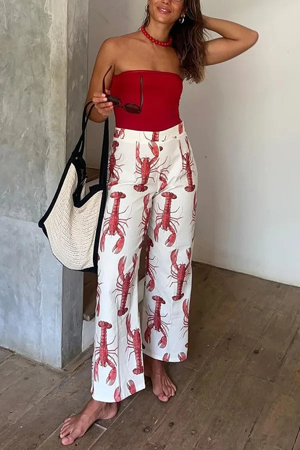 Conjunto de 2 piezas para mujer con blusa manga corta y pantalón ancho estampado