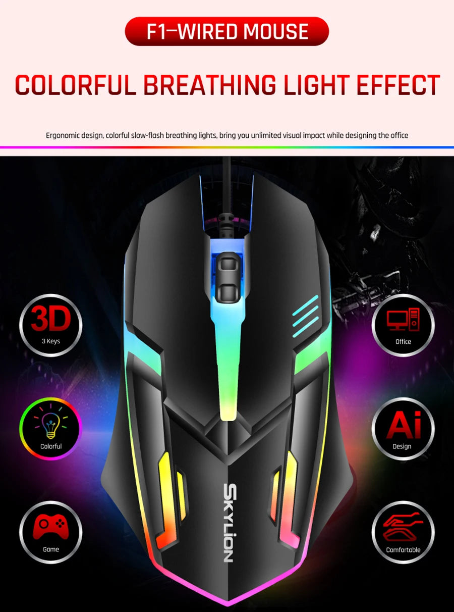 Ratón F1 con cable para juegos y oficina, periférico de 3 teclas con iluminación colorida para Microsoft Windows y Apple IOS