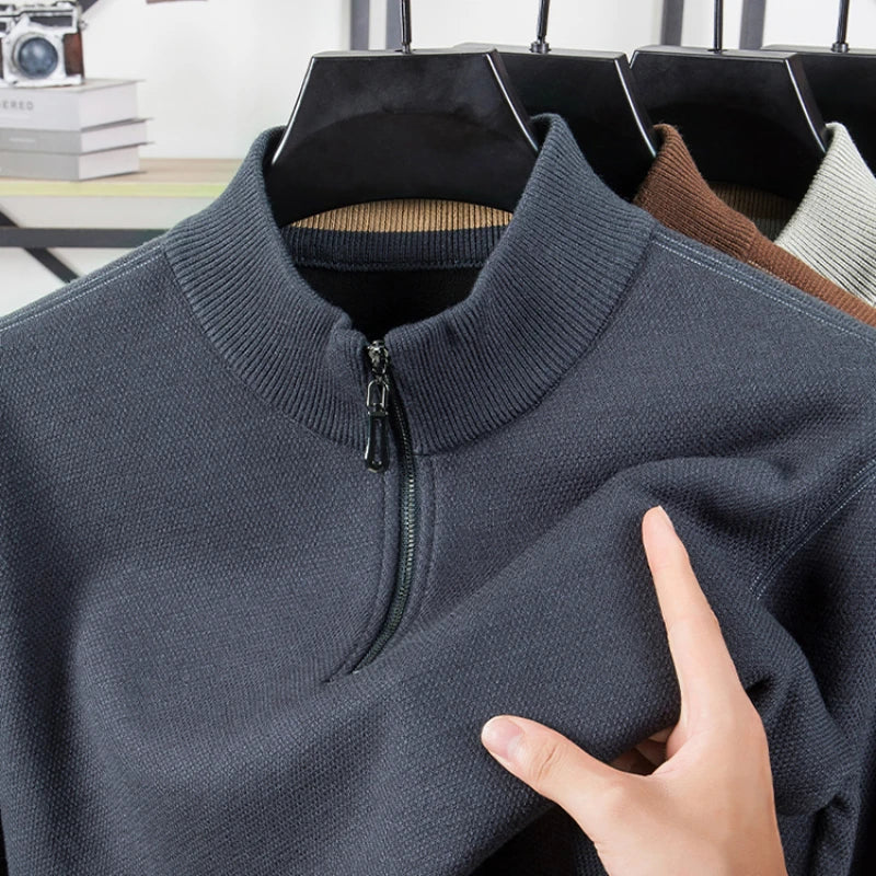 Suéter grueso de terciopelo de alta calidad, jersey con media cremallera para hombre, nueva camiseta cálida holgada informal, prendas de punto