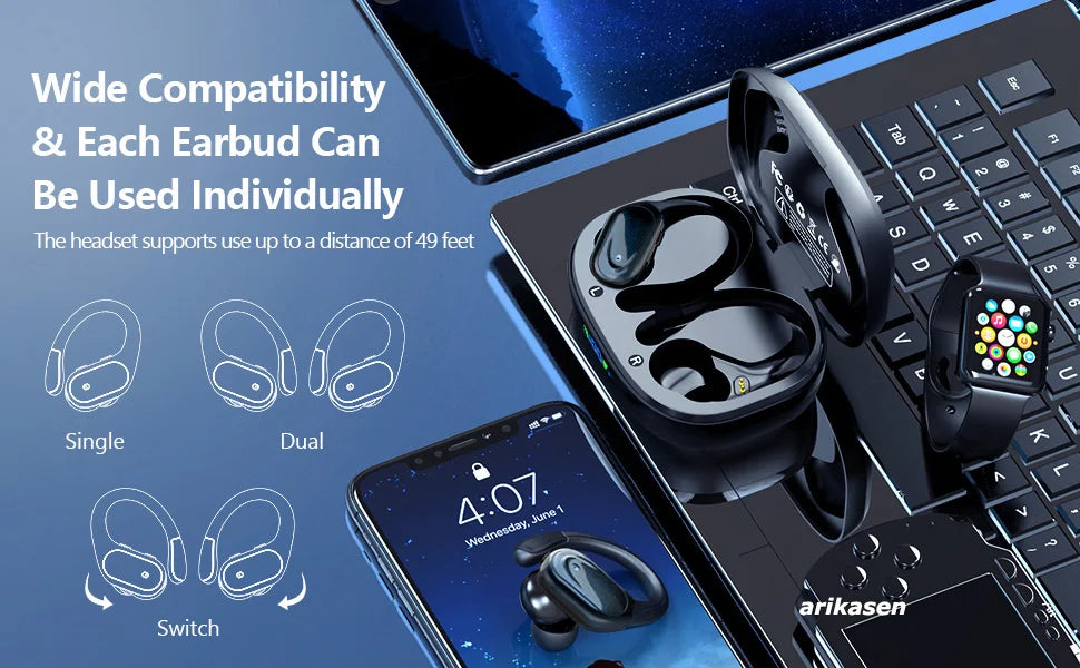 Auriculares inalámbricos deportivos Bluetooth 5,3 con micrófono con cancelación de ruido 75H estéreo HiFi sobre la oreja pantalla LED USB-C IPX6