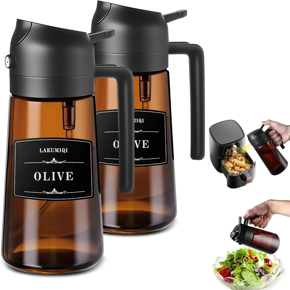 Dispensador y pulverizador de aceite de vidrio 2 en 1, botella pulverizadora de aceite de oliva a prueba de fugas de 16oz/470ml para cocinar, freidora de aire, barbacoa, hornear, ensalada