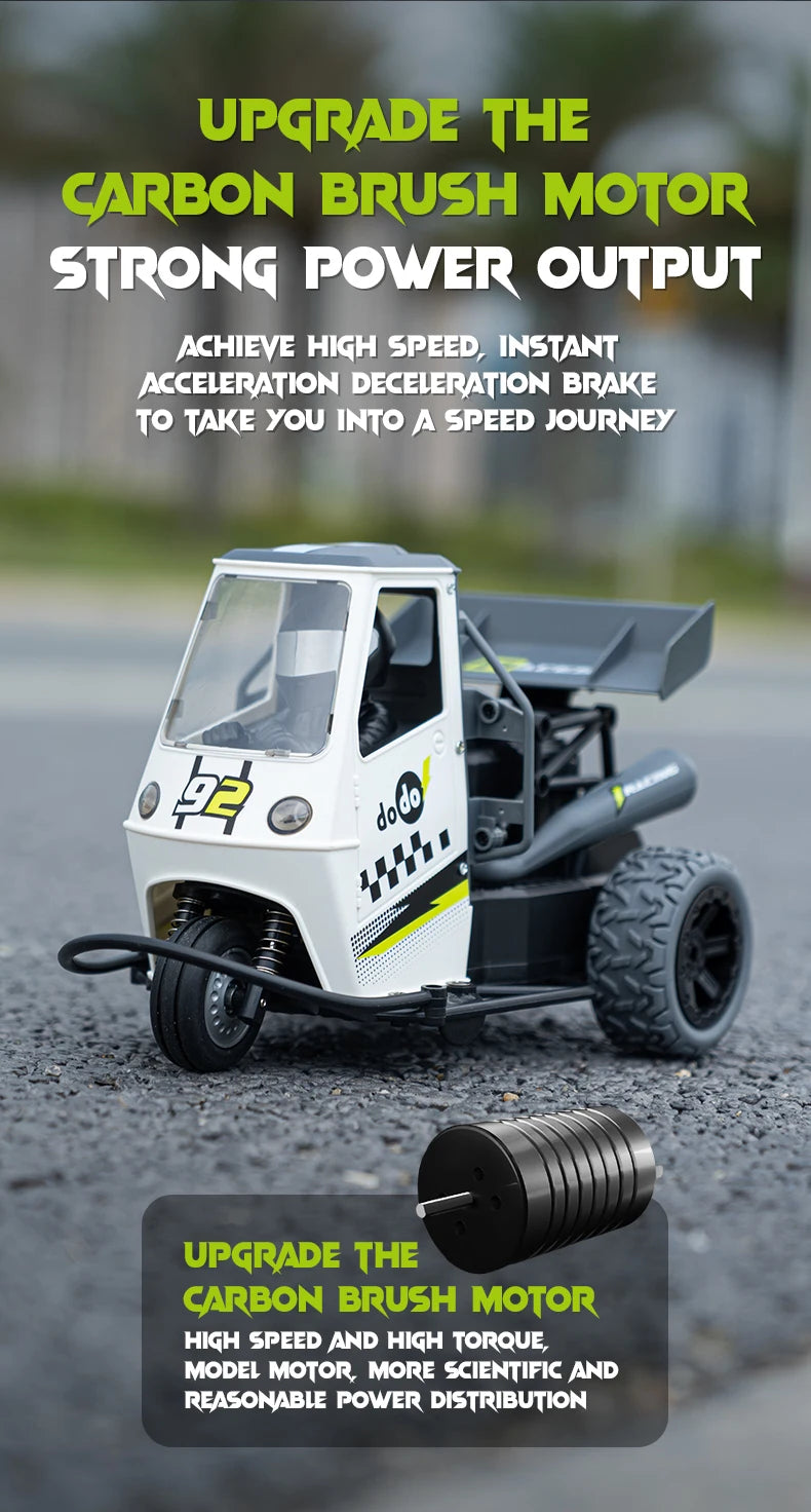 Moto RC de Tres Ruedas con Luces y Spray, Control 2.4G para Niños