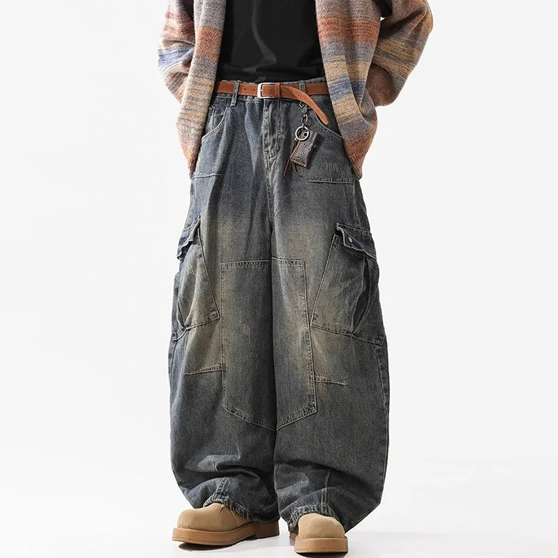 Pantalones Vaqueros Retro de Múltiples Bolsillos para Hombre, Pierna Ancha