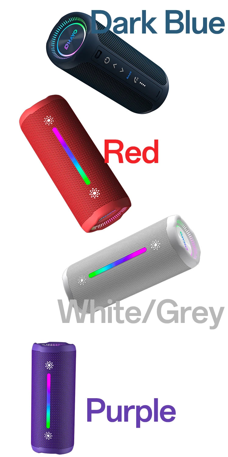 Altavoces Ohayo para exteriores con luces coloridas para fiestas, altavoces Bluetooth 5,3, altavoces inalámbricos impermeables IPX7, compatibles con AUX/MP3/USB