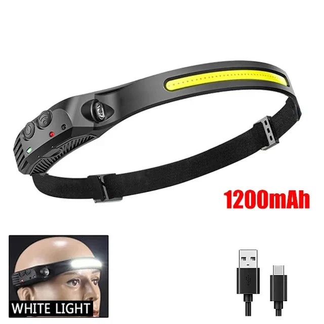 Linterna Frontal LED COB Recargable USB 1200mAh para Camping