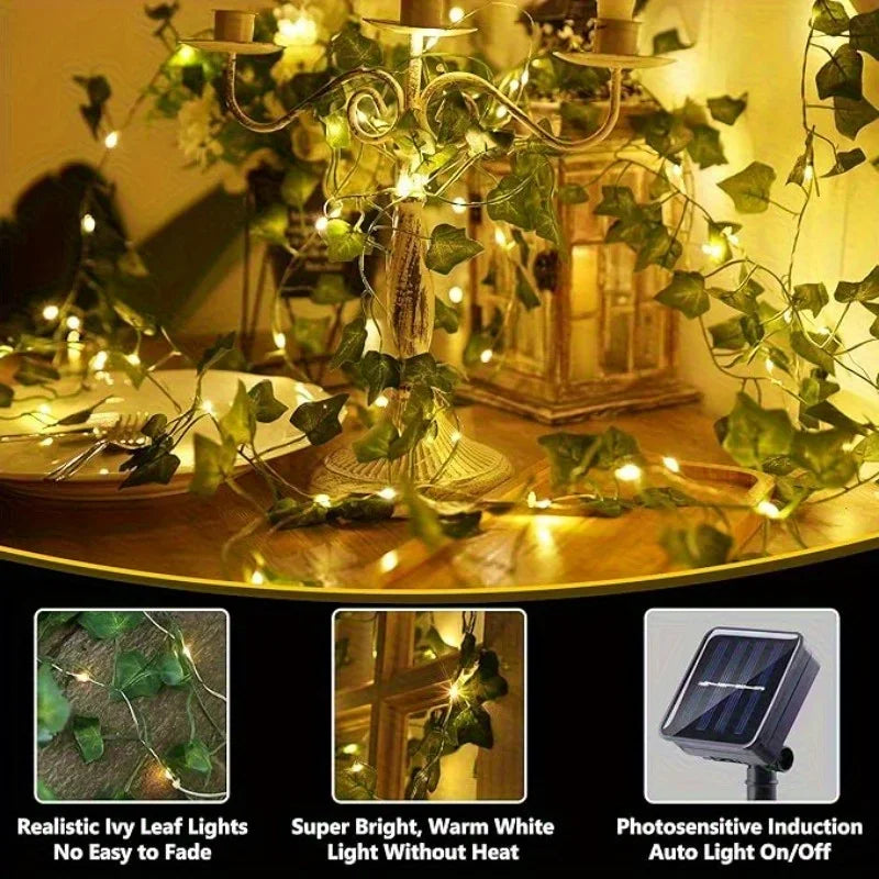 Guirnalda Solar LED con Hojas de Hiedra Artificial para Jardín y Bodas