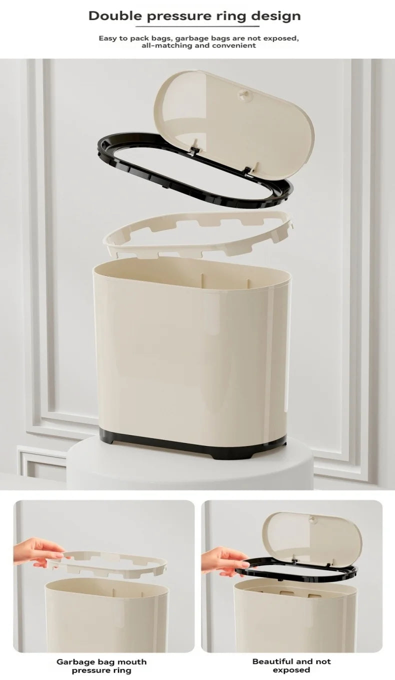 1 unidad/Contenedor de basura de lujo con tapa a presión para uso doméstico en sala de estar, dormitorio, cocina, baño, gran capacidad con tapa