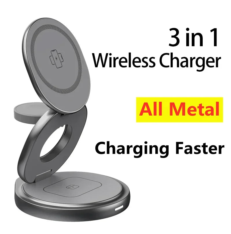 Cargador Inalámbrico Magnético de Aleación de Zinc para Magsafe iPhone 17~12 Pro Max, Apple Watch 11-2, Airpods Pro 4/3/2, Estación de Carga Rápida