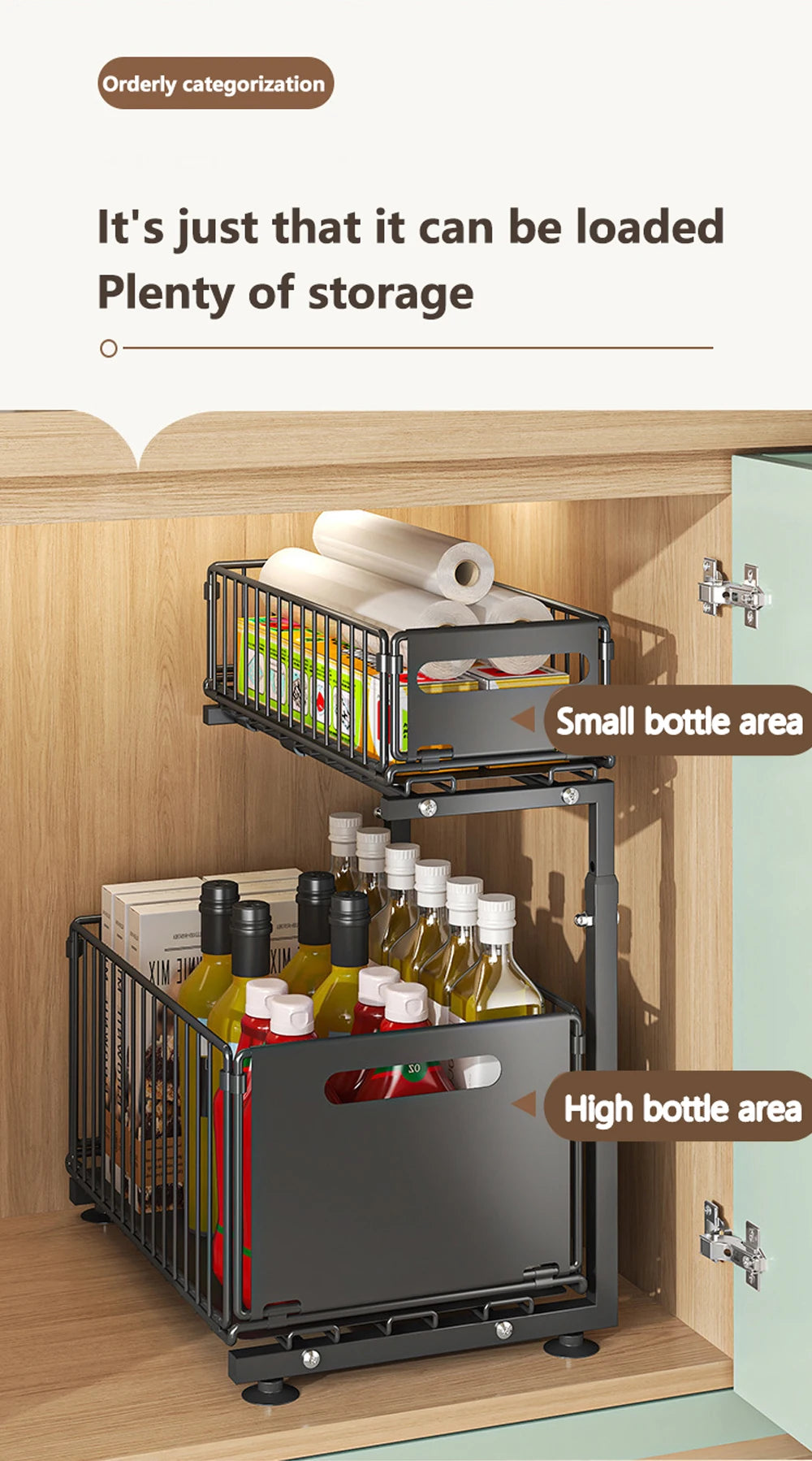 Organizador de gabinete extraíble de 2 niveles, estante de almacenamiento de cocina ajustable, organizador debajo del fregadero, estante de almacenamiento para tarros de especias, cajón deslizante
