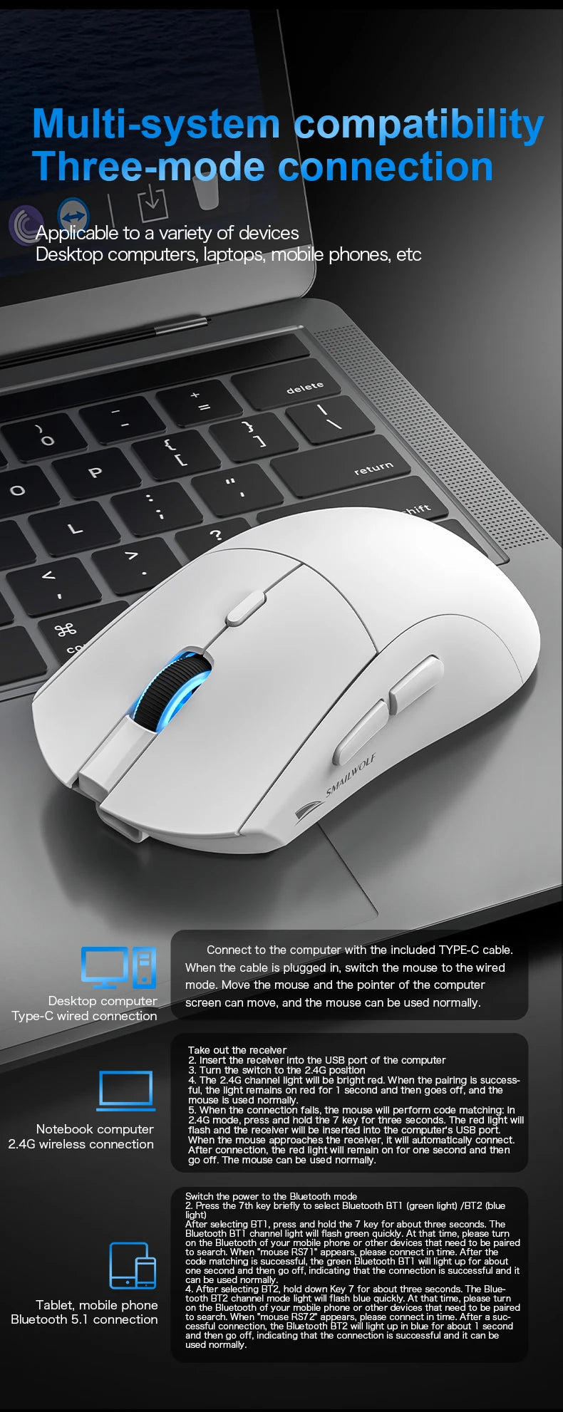 SMAILWOLF RS7 Bluetooth ratón inalámbrico para juegos PAW3311 controlador macro ordenador portátil ordenador de escritorio juego de oficina 20000dpi